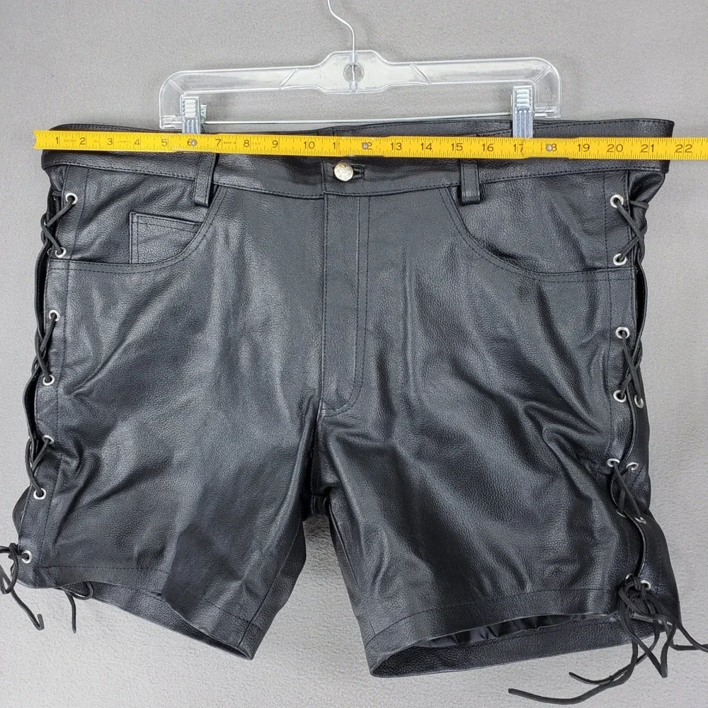 Genuine Leather Biker Shorts Men 42 Black Side Lace Up Moto Rocker Fetish BDSM